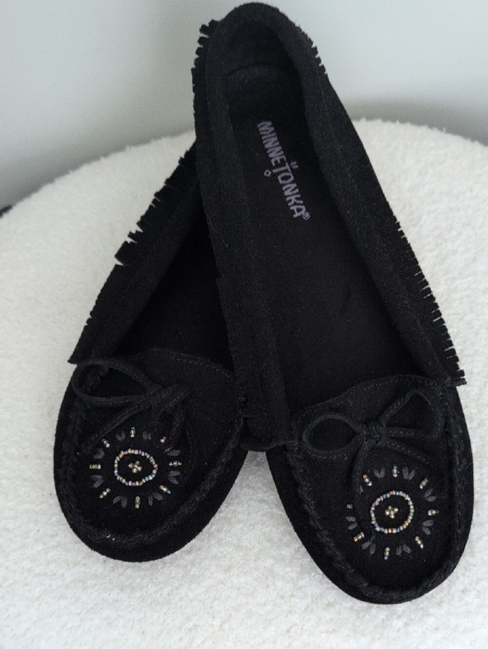 Minnetonka Black Suede Beaded Moccasins with Fringe 8.5